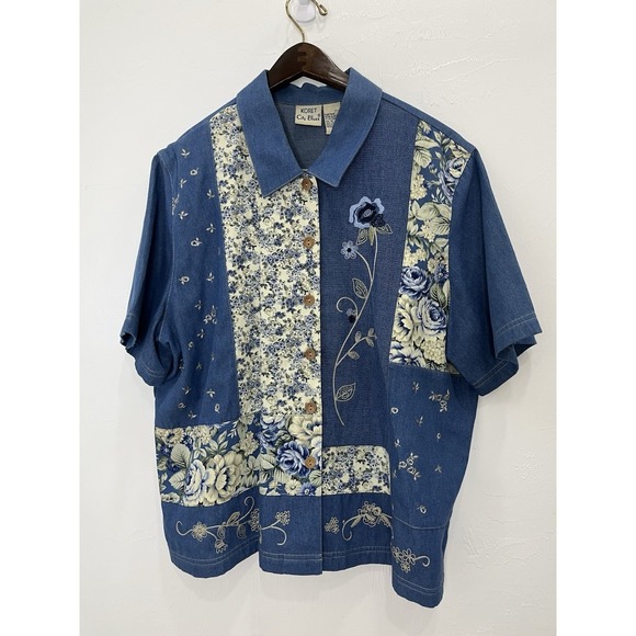 Koret City BluesWomen's XL Denim Patchwork Embroidered Button Front Shirt - Picture 7 of 14